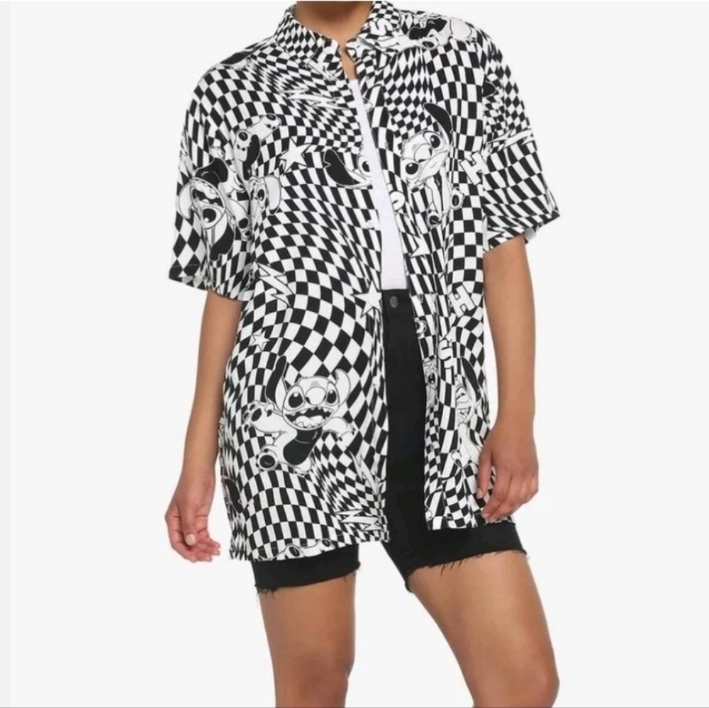 NWT Her Universe Disney Lilo & Stitch Warped Checkered Woven Button-Up Size M